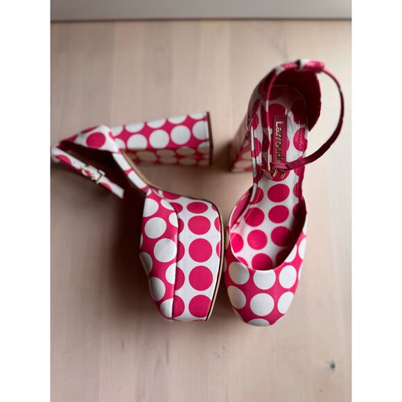 Larroudé Ari Polka Dot Patent Leather Ankle-Strap Platform Pumps size 5.5 - Picture 8 of 10